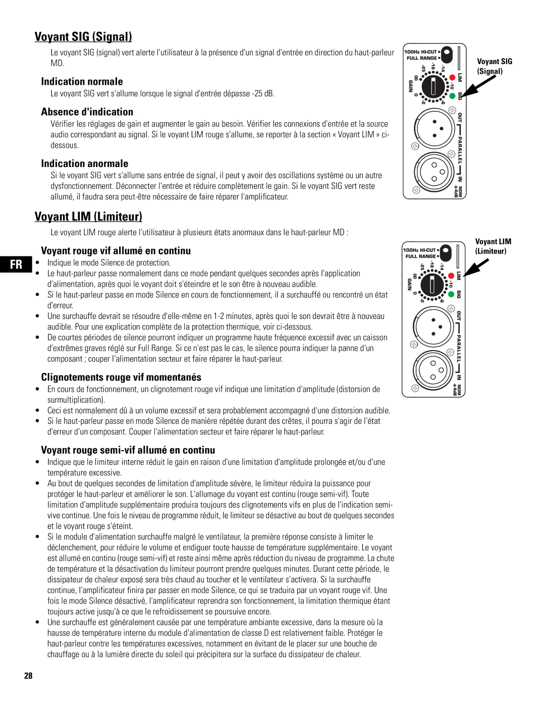 QSC Audio MD-LP115, MD-SP215, MD-LP118, MD-SP218 user manual Voyant SIG Signal, Voyant LIM Limiteur 