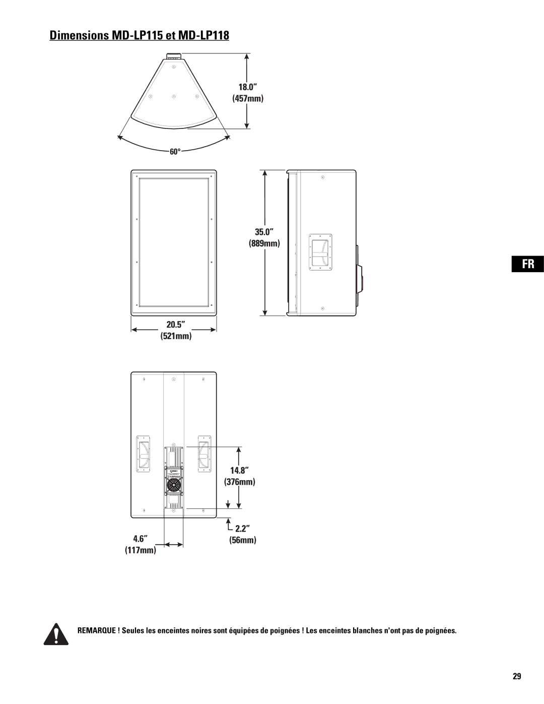 QSC Audio MD-SP215, MD-SP218 user manual Dimensions MD-LP115 et MD-LP118 