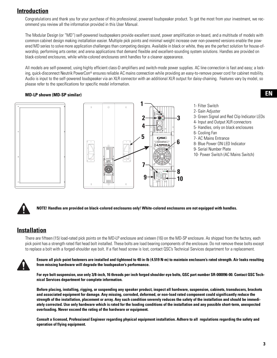 QSC Audio MD-SP218, MD-LP115, MD-SP215, MD-LP118 user manual Introduction, Installation, MD-LP shown MD-SP similar 