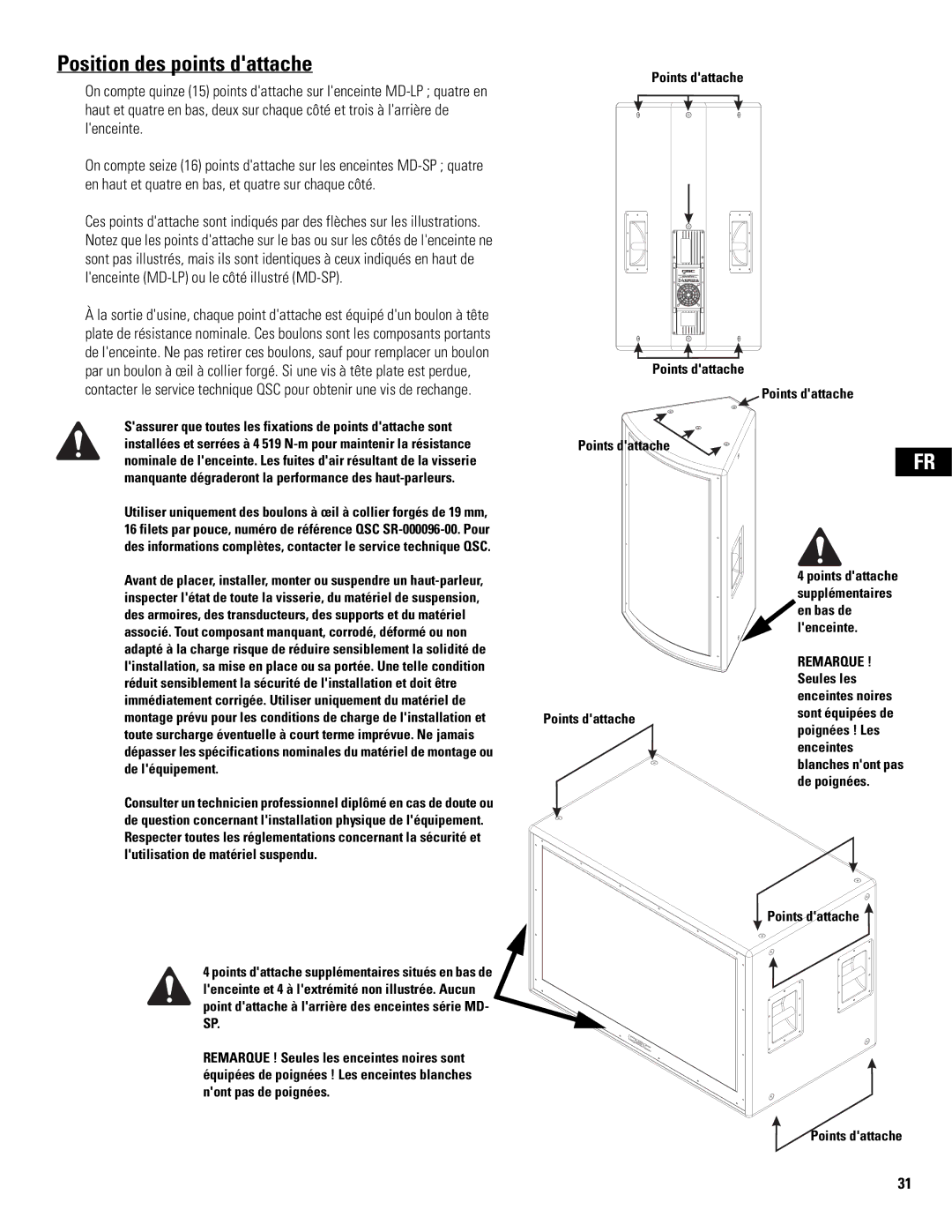 QSC Audio MD-SP218, MD-LP115, MD-SP215, MD-LP118 user manual Position des points dattache, Points dattache 