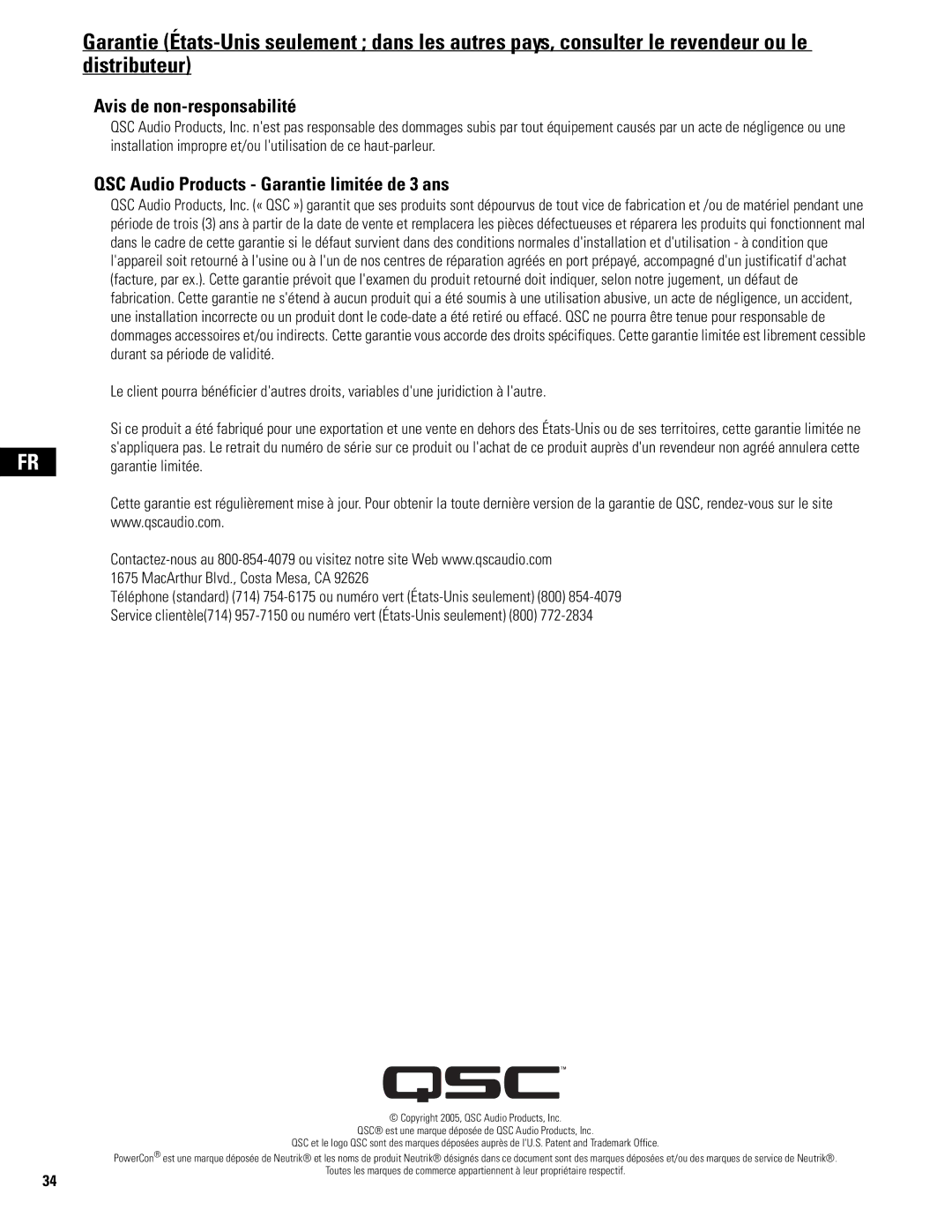 QSC Audio MD-LP118, MD-LP115, MD-SP215, MD-SP218 Avis de non-responsabilité, QSC Audio Products Garantie limitée de 3 ans 