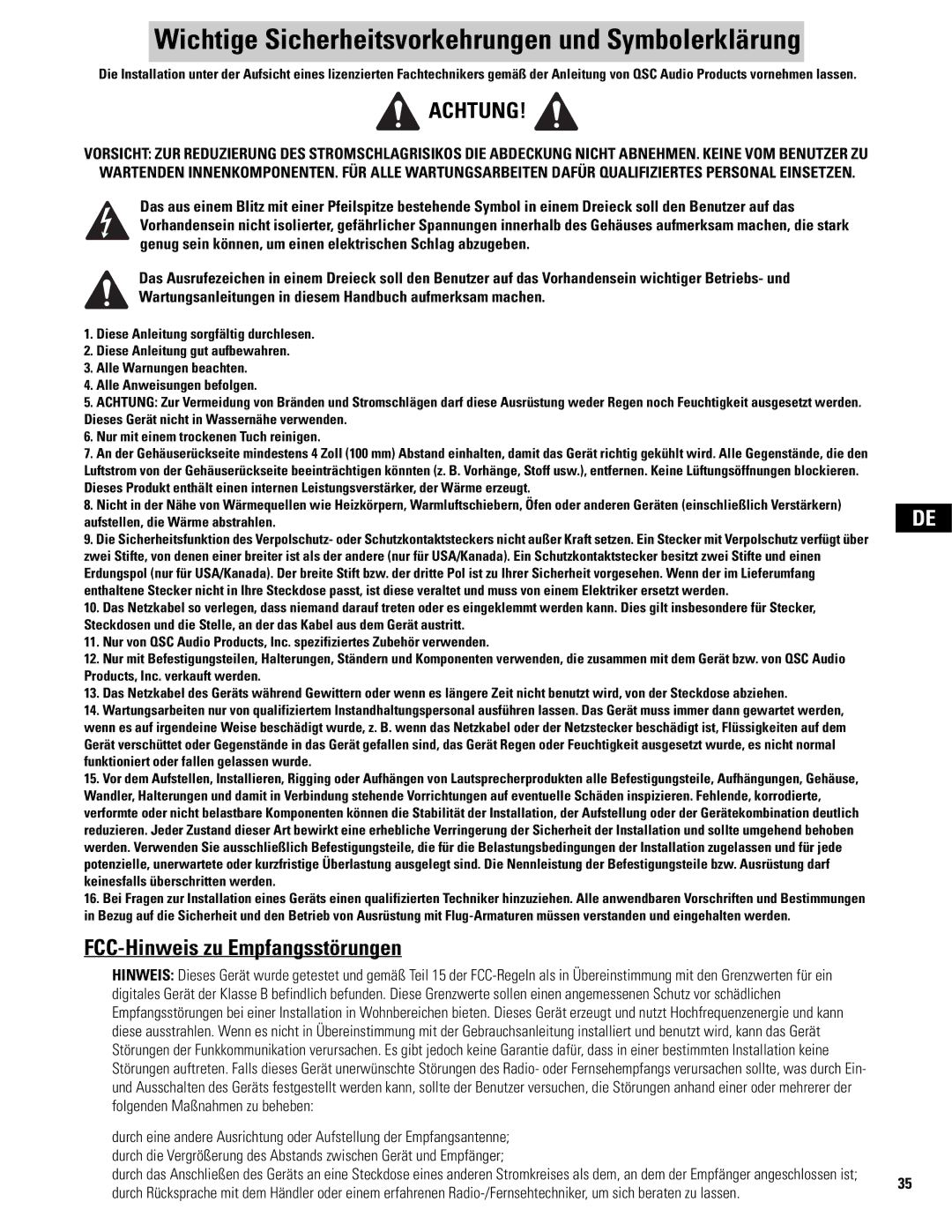 QSC Audio MD-SP218, MD-LP115 Wichtige Sicherheitsvorkehrungen und Symbolerklärung, FCC-Hinweis zu Empfangsstörungen 