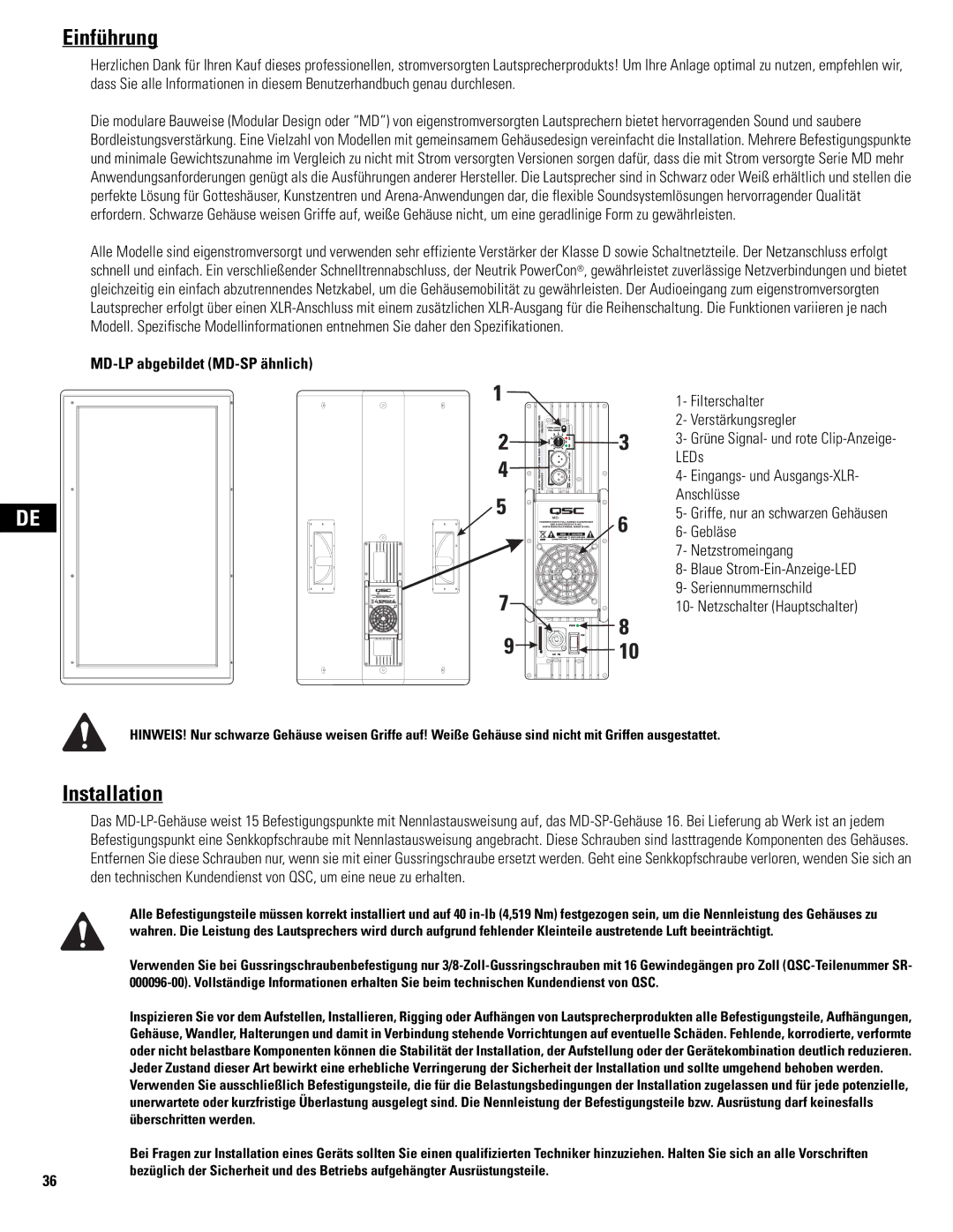 QSC Audio MD-LP115, MD-SP215, MD-LP118, MD-SP218 user manual Einführung, MD-LP abgebildet MD-SP ähnlich 