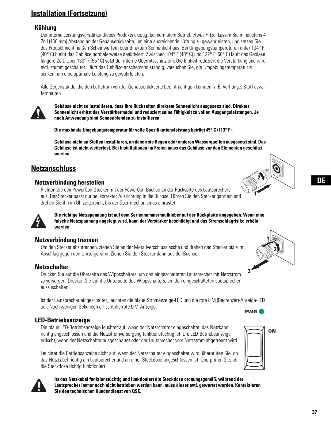 QSC Audio MD-SP215, MD-LP115, MD-LP118, MD-SP218 user manual Installation Fortsetzung, Netzanschluss 