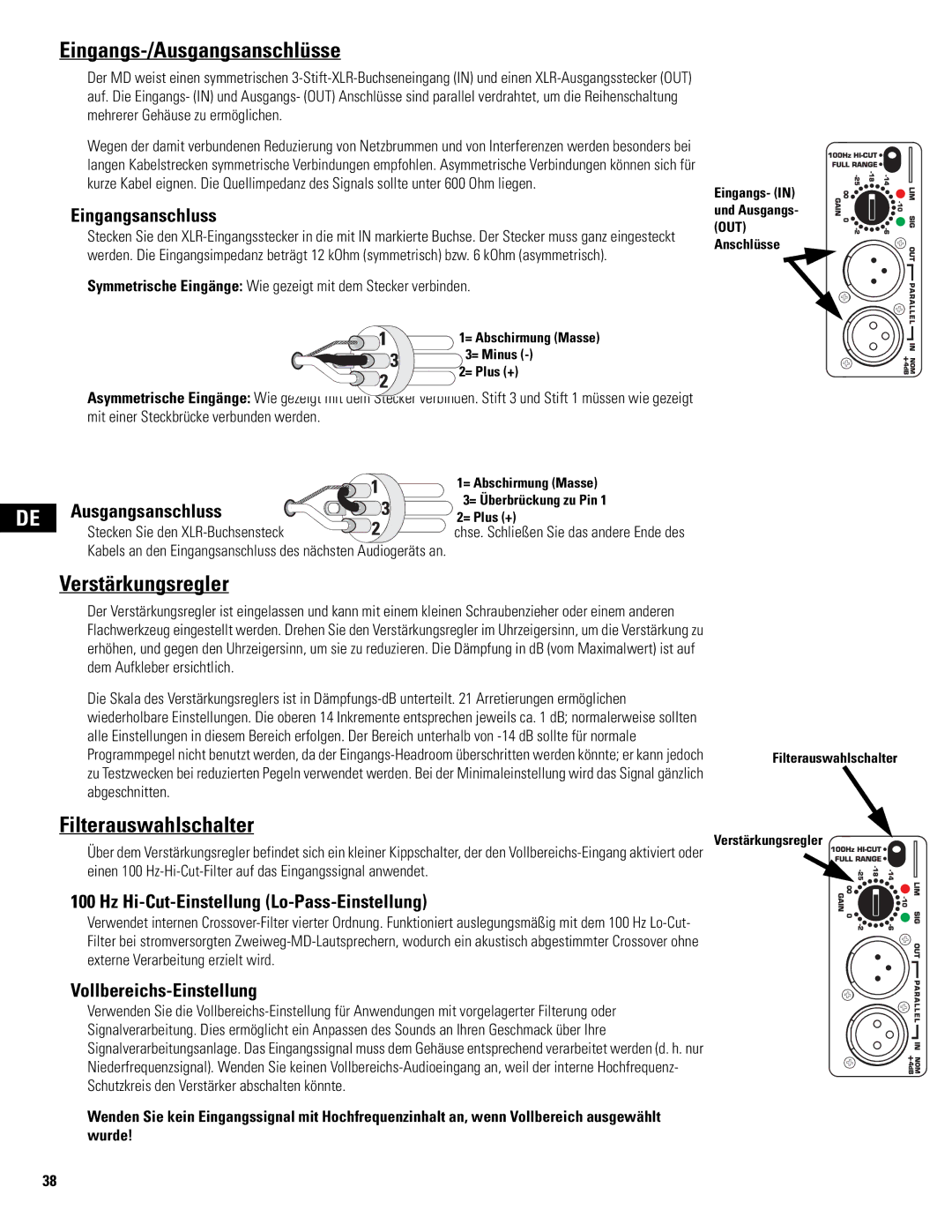 QSC Audio MD-LP118, MD-LP115, MD-SP215, MD-SP218 Eingangs-/Ausgangsanschlüsse, Verstärkungsregler, Filterauswahlschalter 