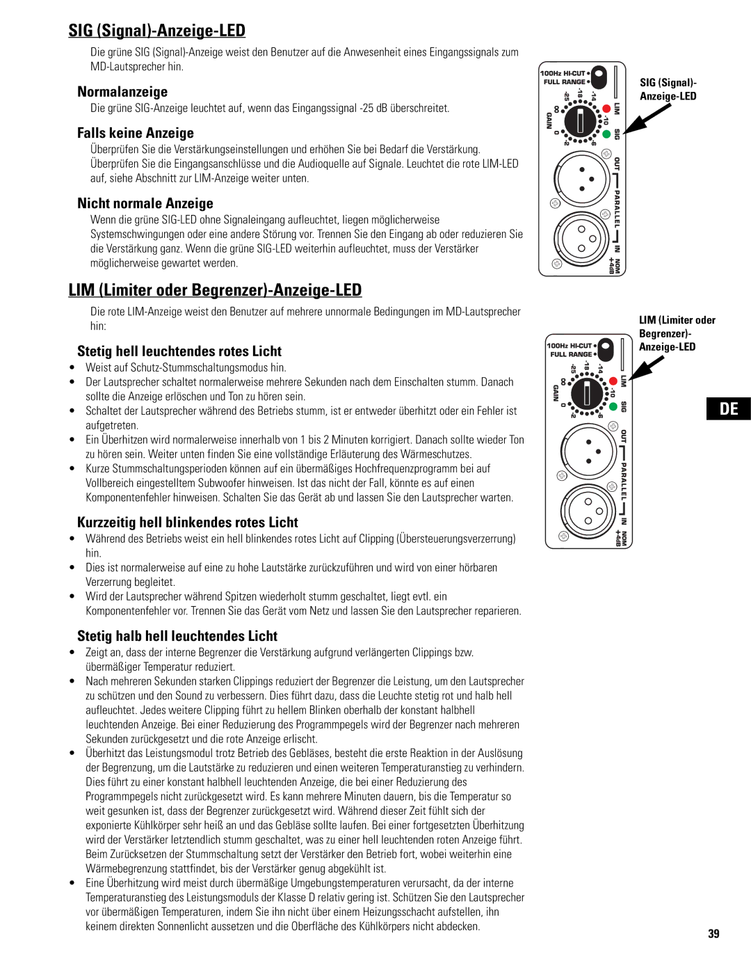 QSC Audio MD-SP218, MD-LP115, MD-SP215, MD-LP118 user manual SIG Signal-Anzeige-LED, LIM Limiter oder Begrenzer-Anzeige-LED 