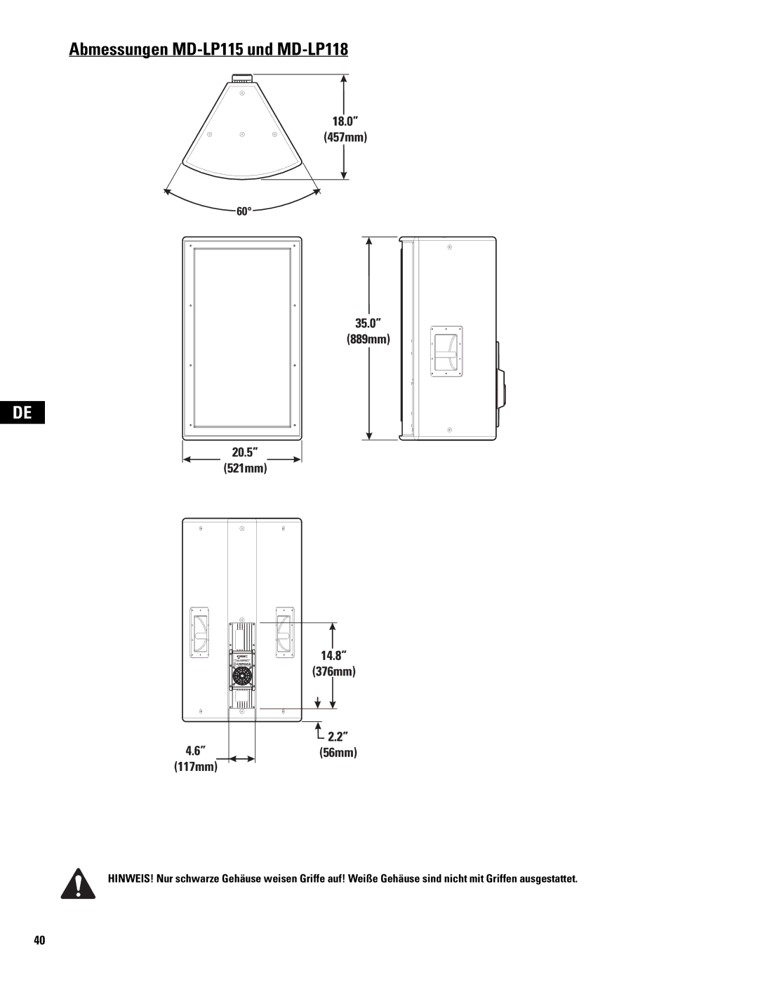 QSC Audio MD-SP215, MD-SP218 user manual Abmessungen MD-LP115 und MD-LP118 