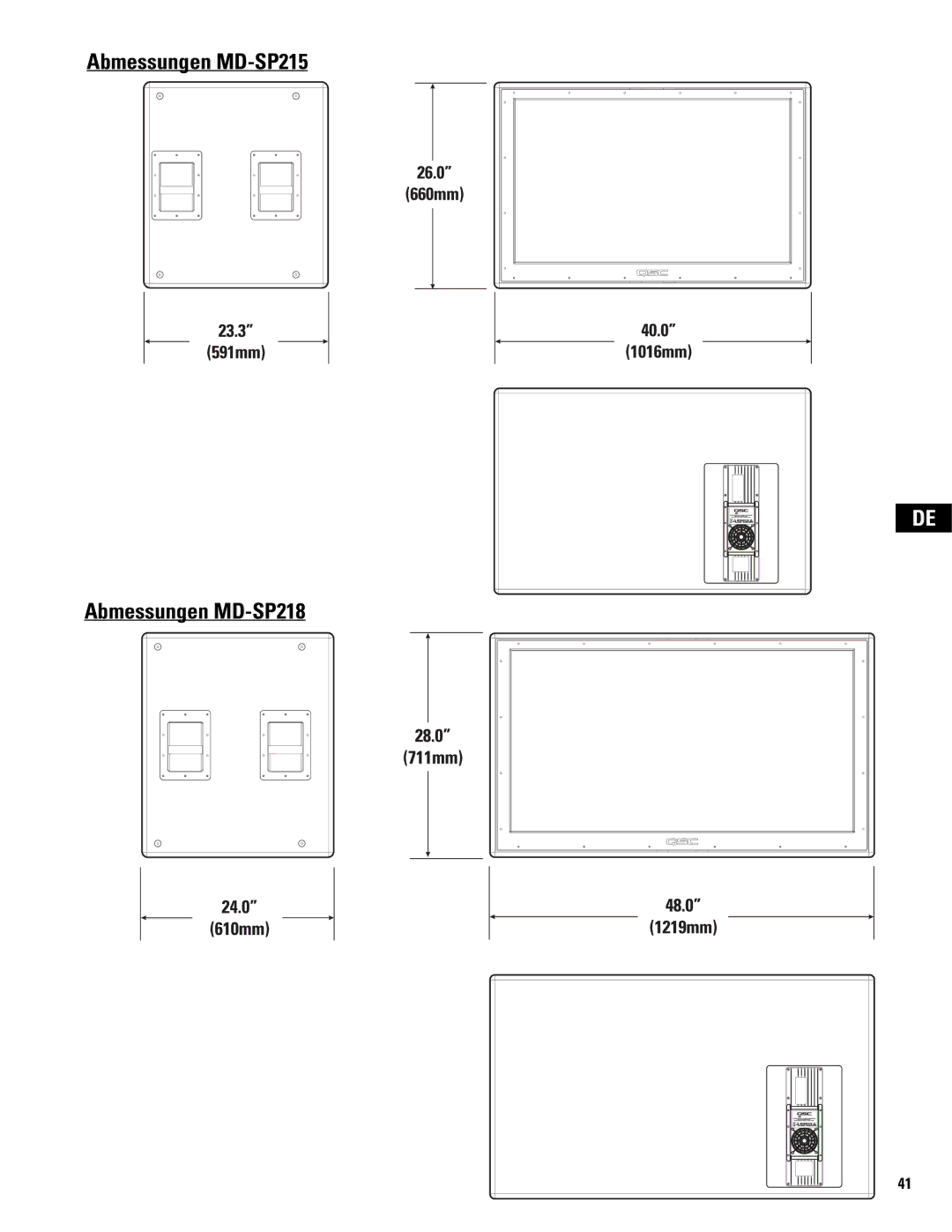 QSC Audio MD-LP115, MD-LP118 user manual Abmessungen MD-SP215 Abmessungen MD-SP218 