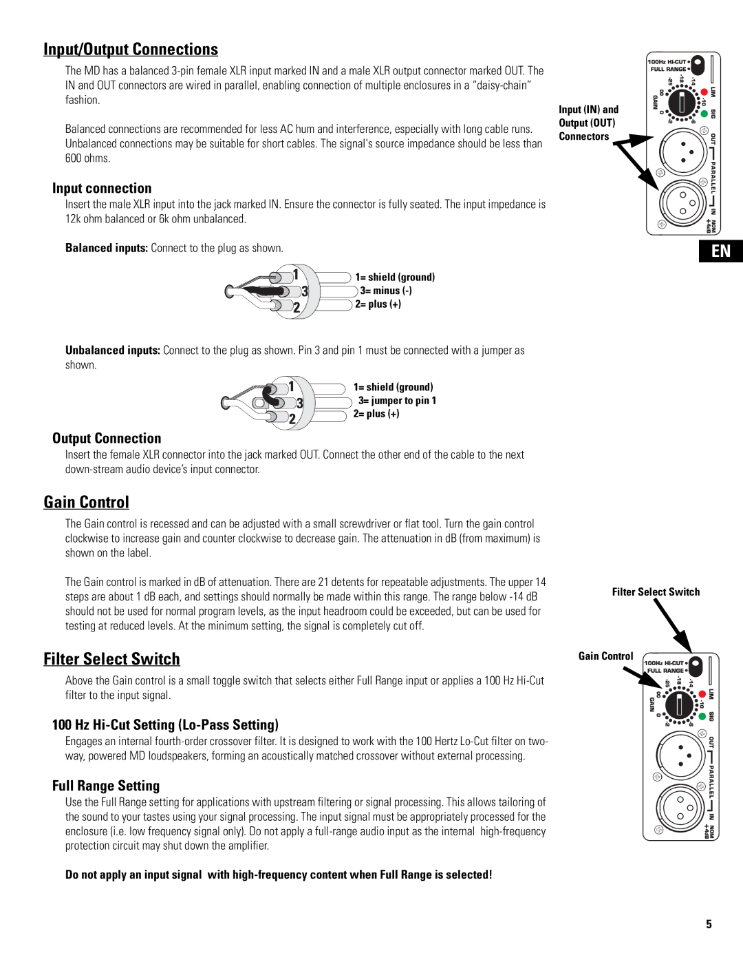 QSC Audio MD-SP215, MD-LP115, MD-LP118, MD-SP218 user manual Input/Output Connections, Gain Control, Filter Select Switch 