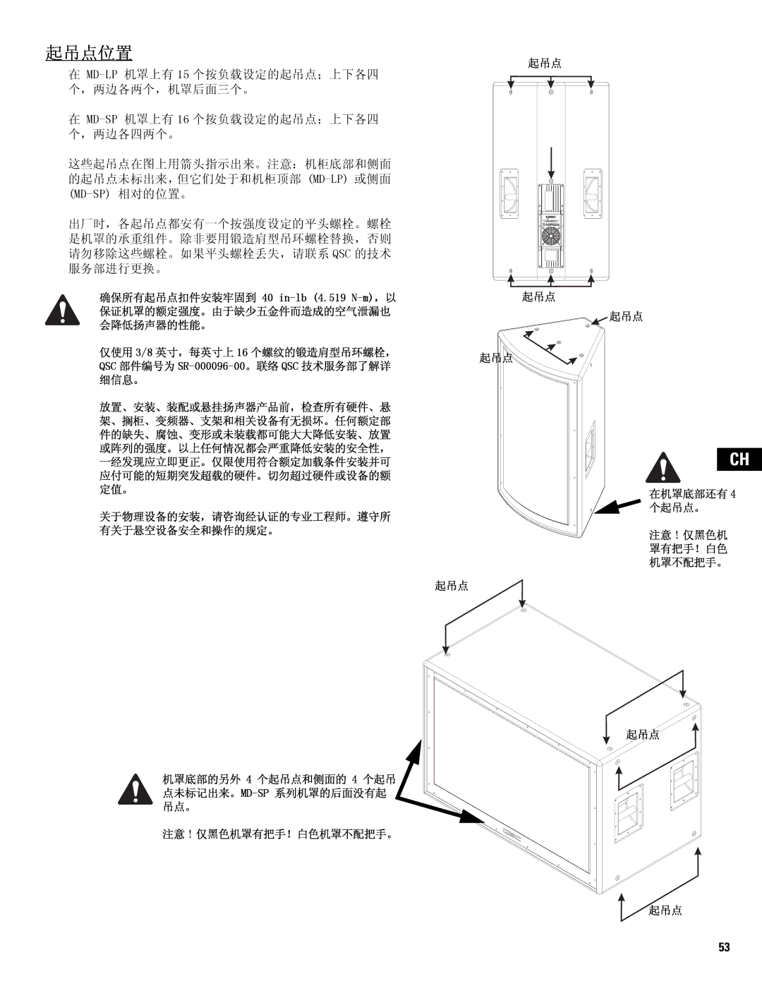 QSC Audio MD-SP215, MD-LP115, MD-LP118, MD-SP218 user manual 起吊点位置 