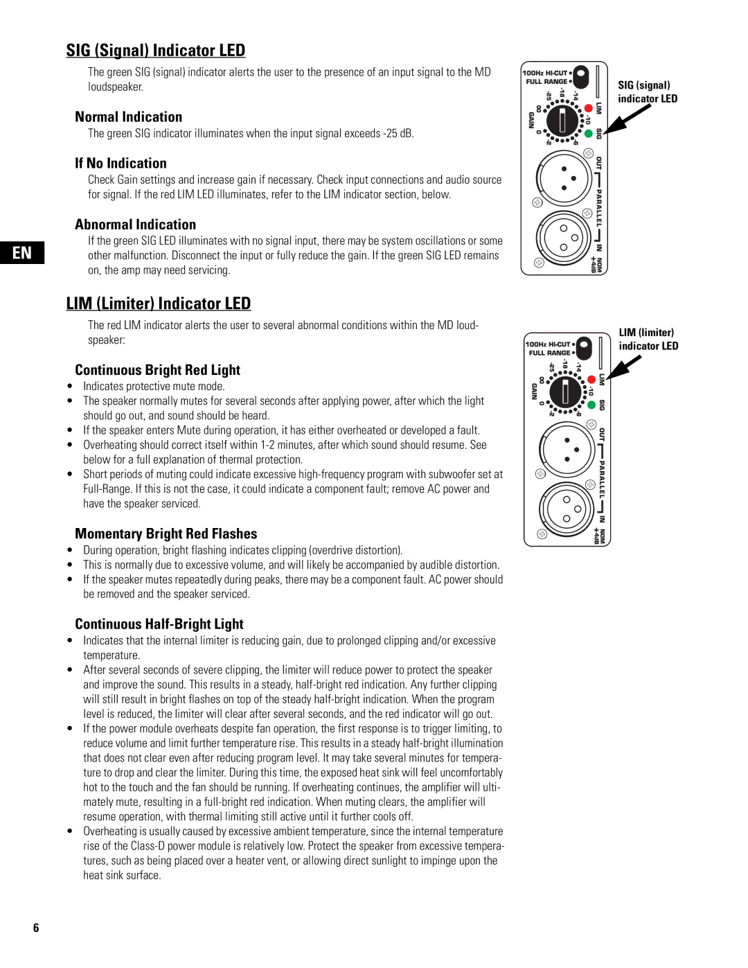 QSC Audio MD-LP118, MD-LP115, MD-SP215, MD-SP218 user manual SIG Signal Indicator LED, LIM Limiter Indicator LED 