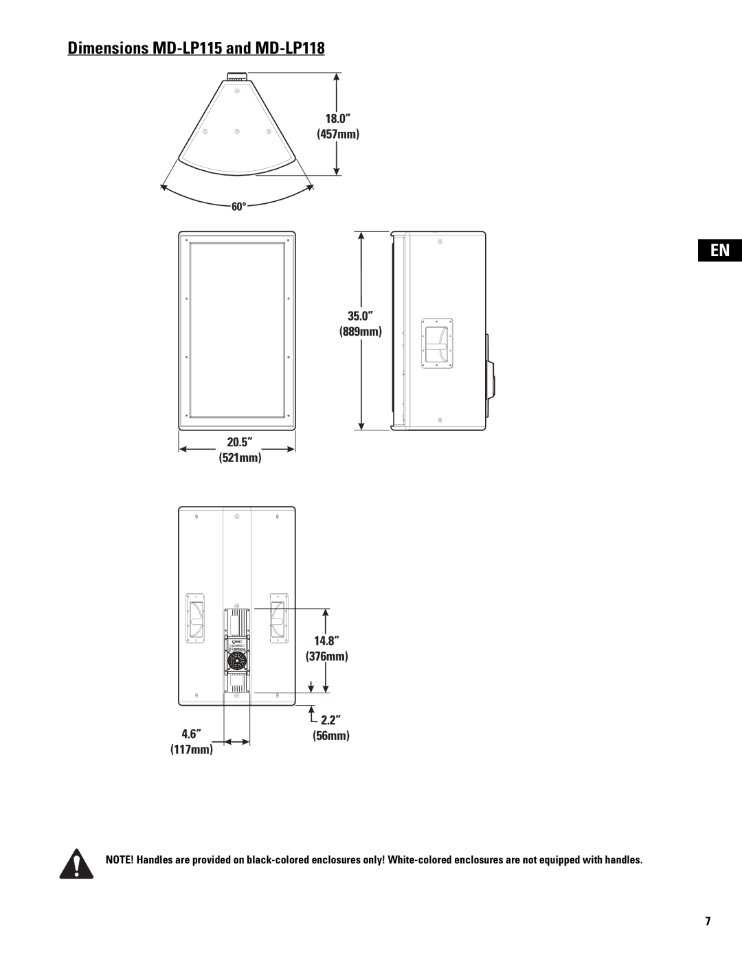 QSC Audio MD-SP218, MD-SP215 user manual Dimensions MD-LP115 and MD-LP118 