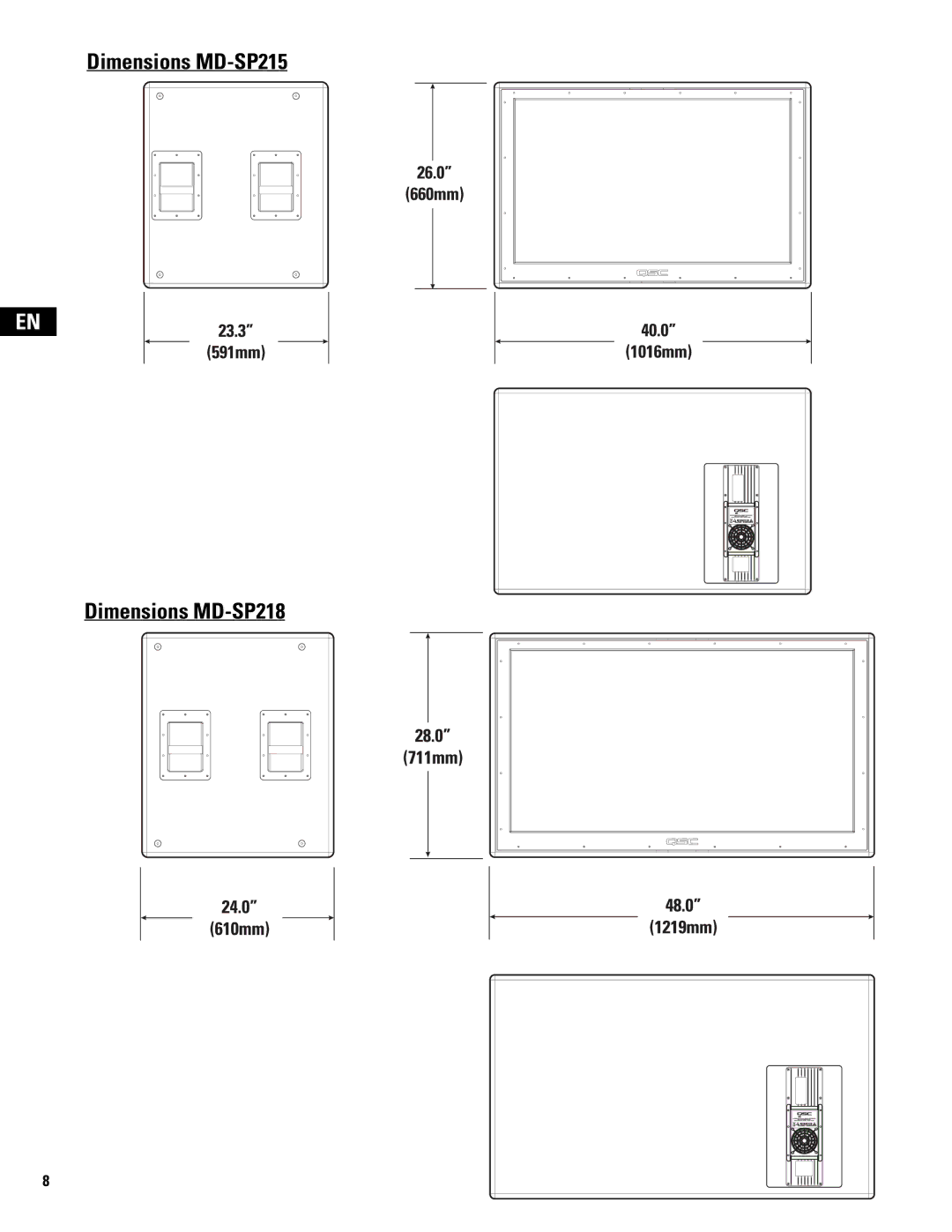 QSC Audio MD-LP115, MD-LP118 user manual Dimensions MD-SP215 Dimensions MD-SP218 