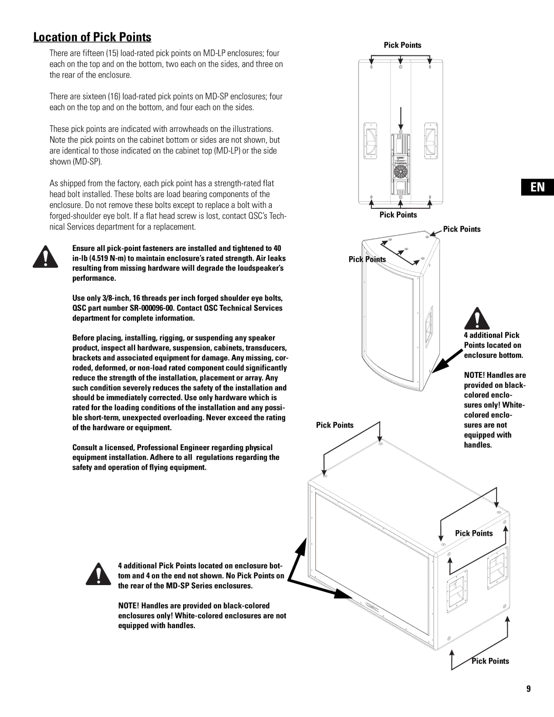 QSC Audio MD-SP215, MD-LP115, MD-LP118, MD-SP218 Location of Pick Points, Pick Pointssures are not equipped with handles 