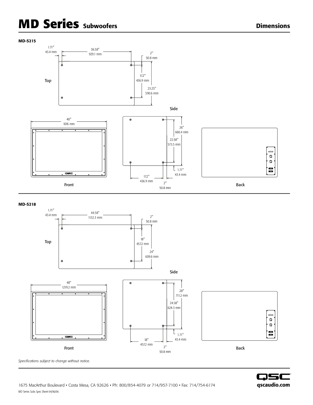 QSC Audio MD-S218, MD-S215 specifications MD Series Subwoofers, Dimensions, Qscaudio.com 