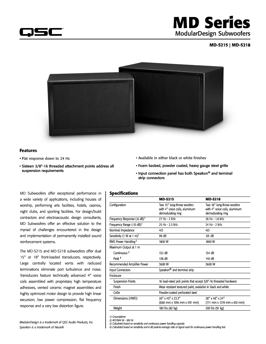 QSC Audio specifications MD-S215 MD-S218, Features, Specifications, MD Series, ModularDesign Subwoofers 