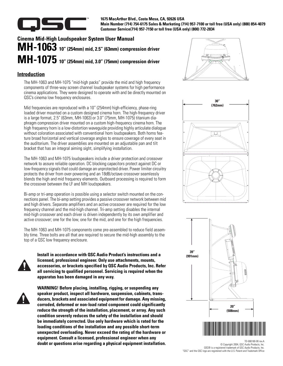 QSC Audio MH-1063, MH-1075 user manual Introduction, MacArthur Blvd., Costa Mesa, CA, 92626 USA 