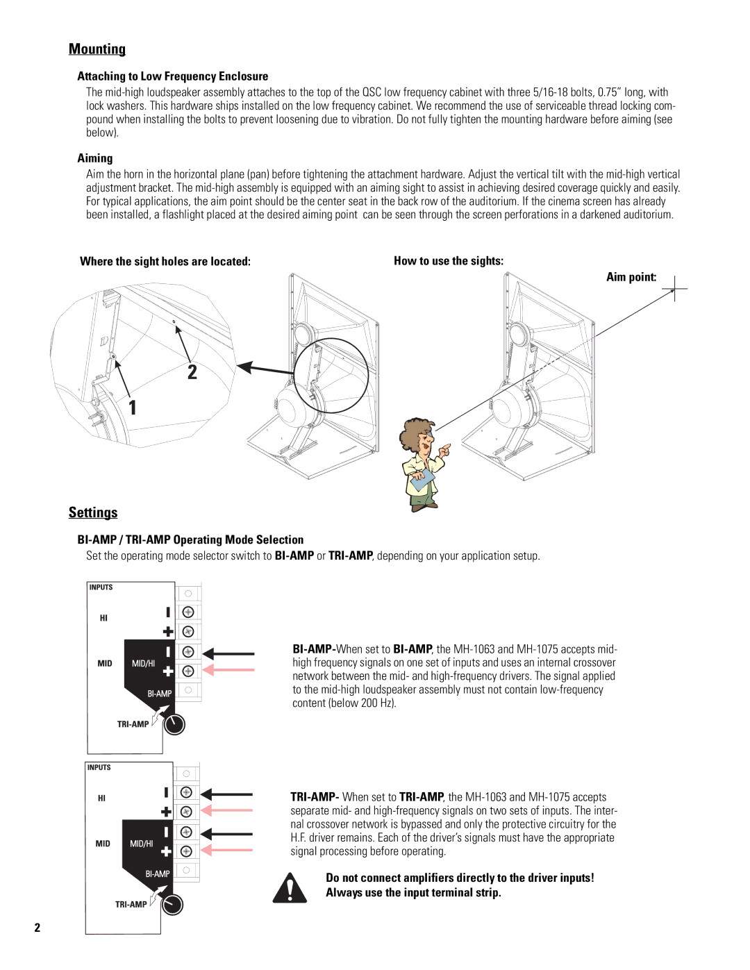 QSC Audio MH-1075, MH-1063 user manual Mounting, Settings 