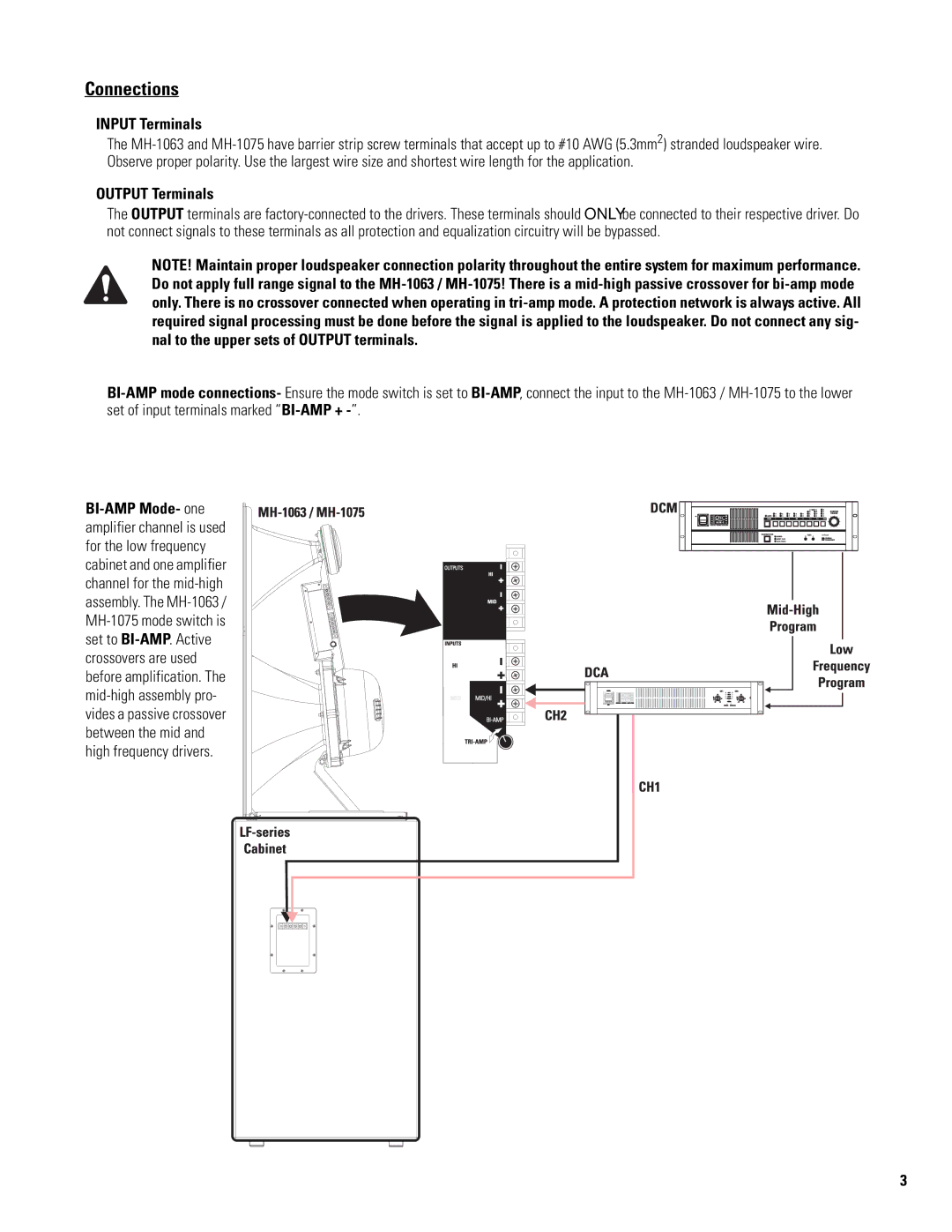 QSC Audio MH-1063, MH-1075 user manual Connections, Input Terminals, Output Terminals 