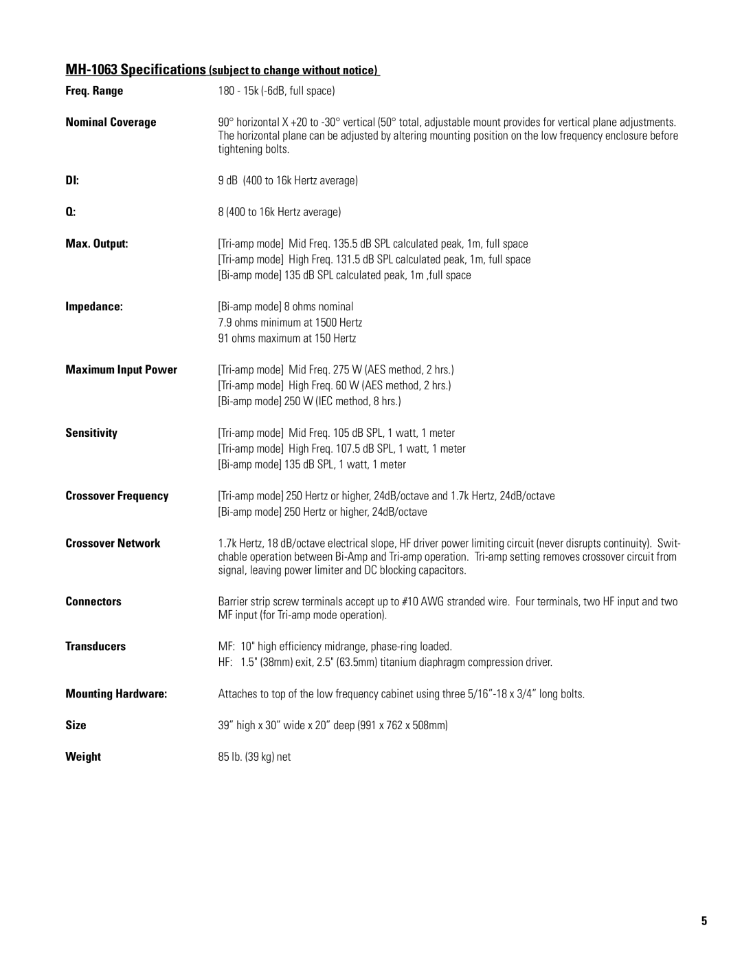 QSC Audio MH-1063 Nominal Coverage, Max. Output, Impedance, Maximum Input Power, Sensitivity, Crossover Frequency, Size 