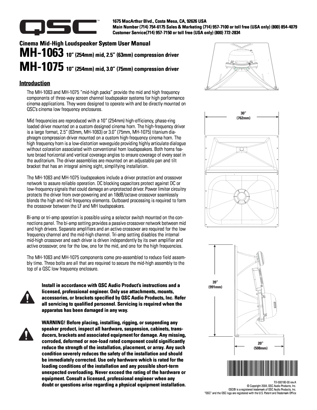 QSC Audio user manual Cinema Mid-High Loudspeaker System User Manual, Introduction, TD-000180-00, MH-1063 MH-1075 