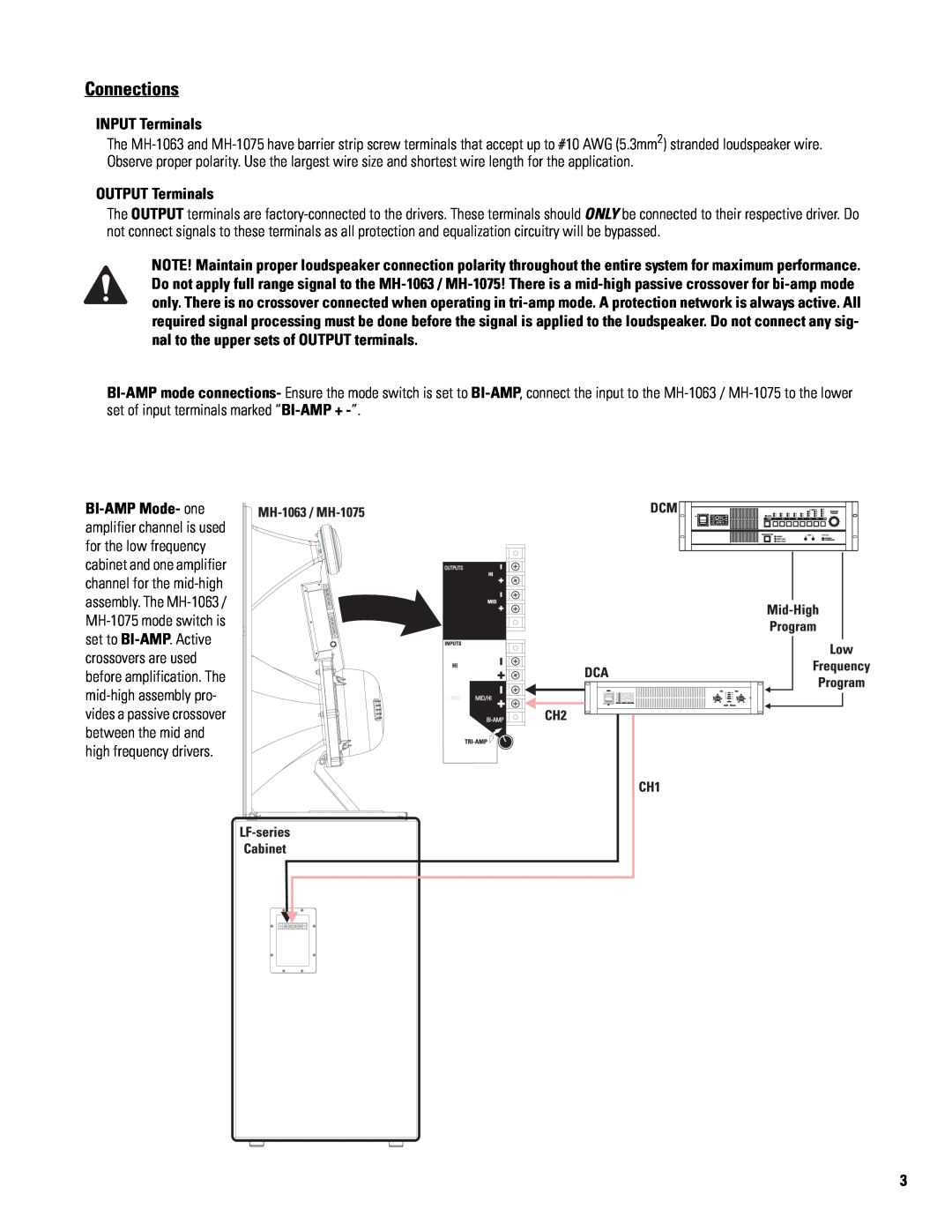 QSC Audio MH-1063, MH-1075 user manual Connections, INPUT Terminals, OUTPUT Terminals 