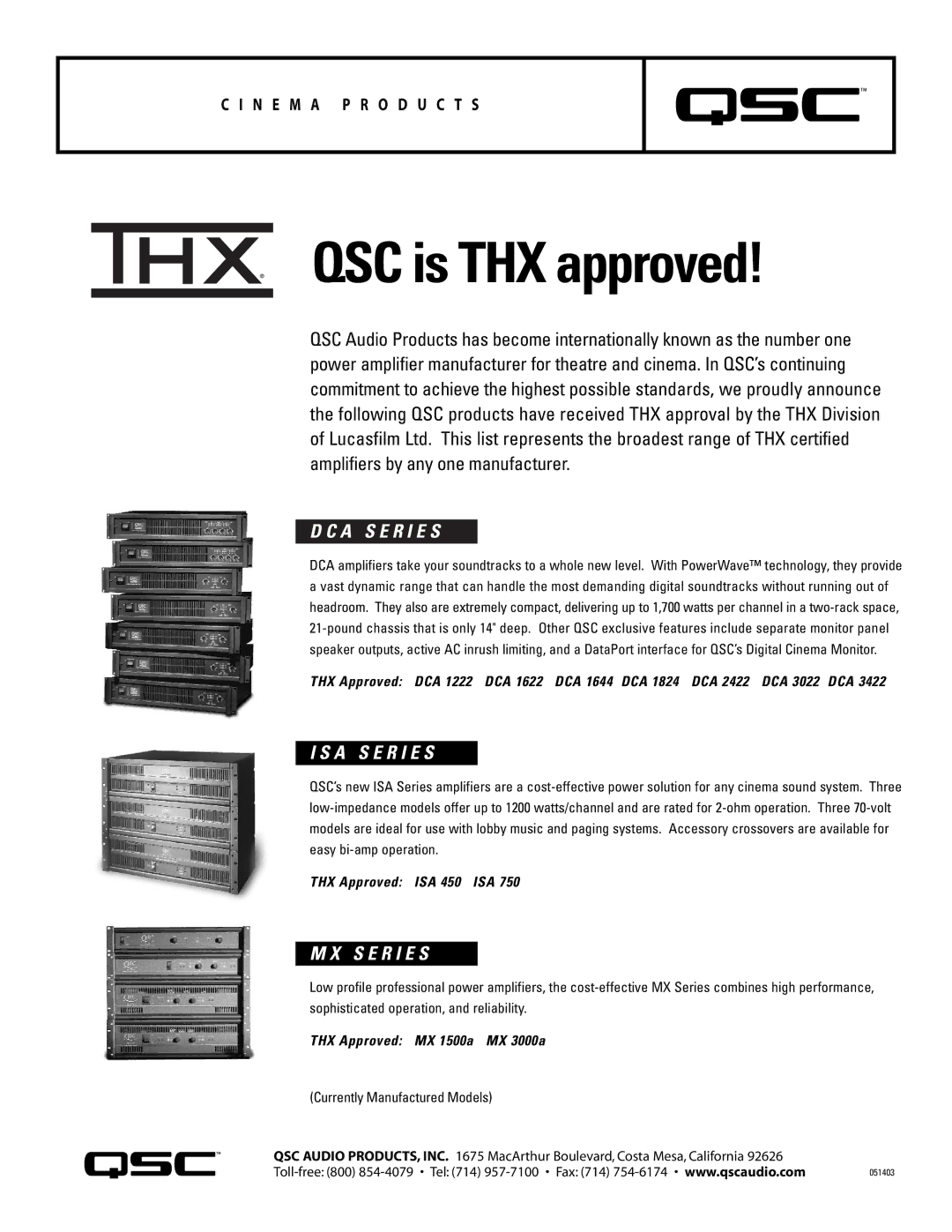 QSC Audio IS A Series manual QSC is THX approved, A S E R I E S, THX Approved ISA 450 ISA, THX Approved MX 1500a MX 3000a 