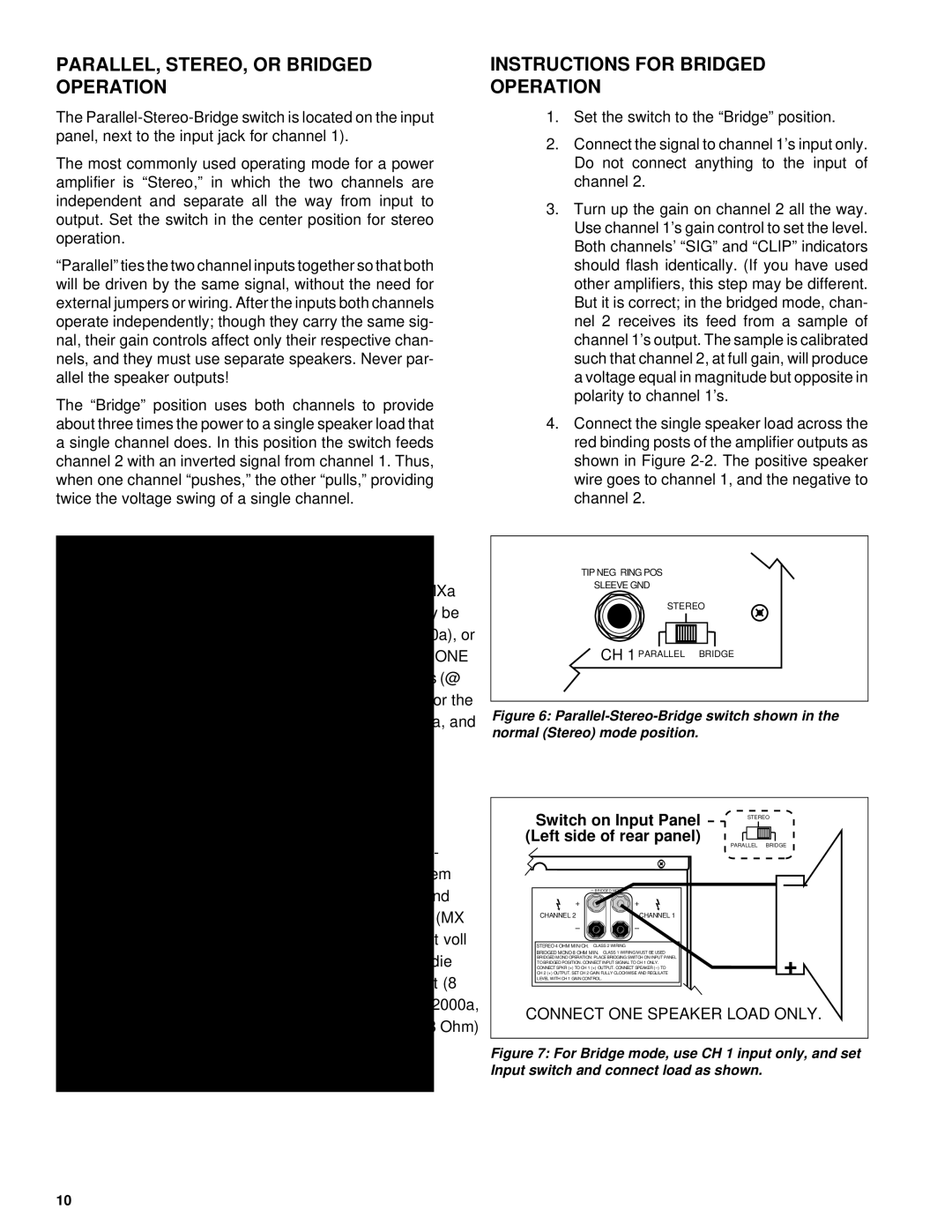 QSC Audio MX 1000a PARALLEL, STEREO, or Bridged Operation, Instructions for Bridged Operation, Left side of rear panel 