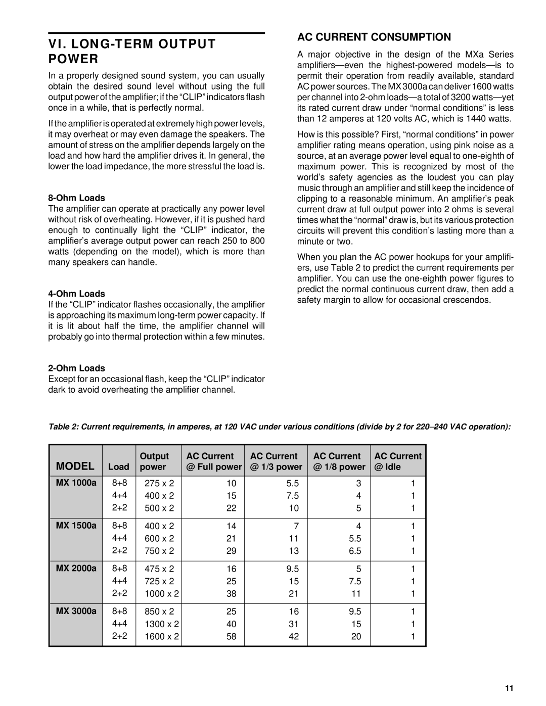 QSC Audio MX3000a, MX2000a, MX 1500a, MX 1000a owner manual VI. LONG-TERM Output Power, AC Current Consumption, Ohm Loads 