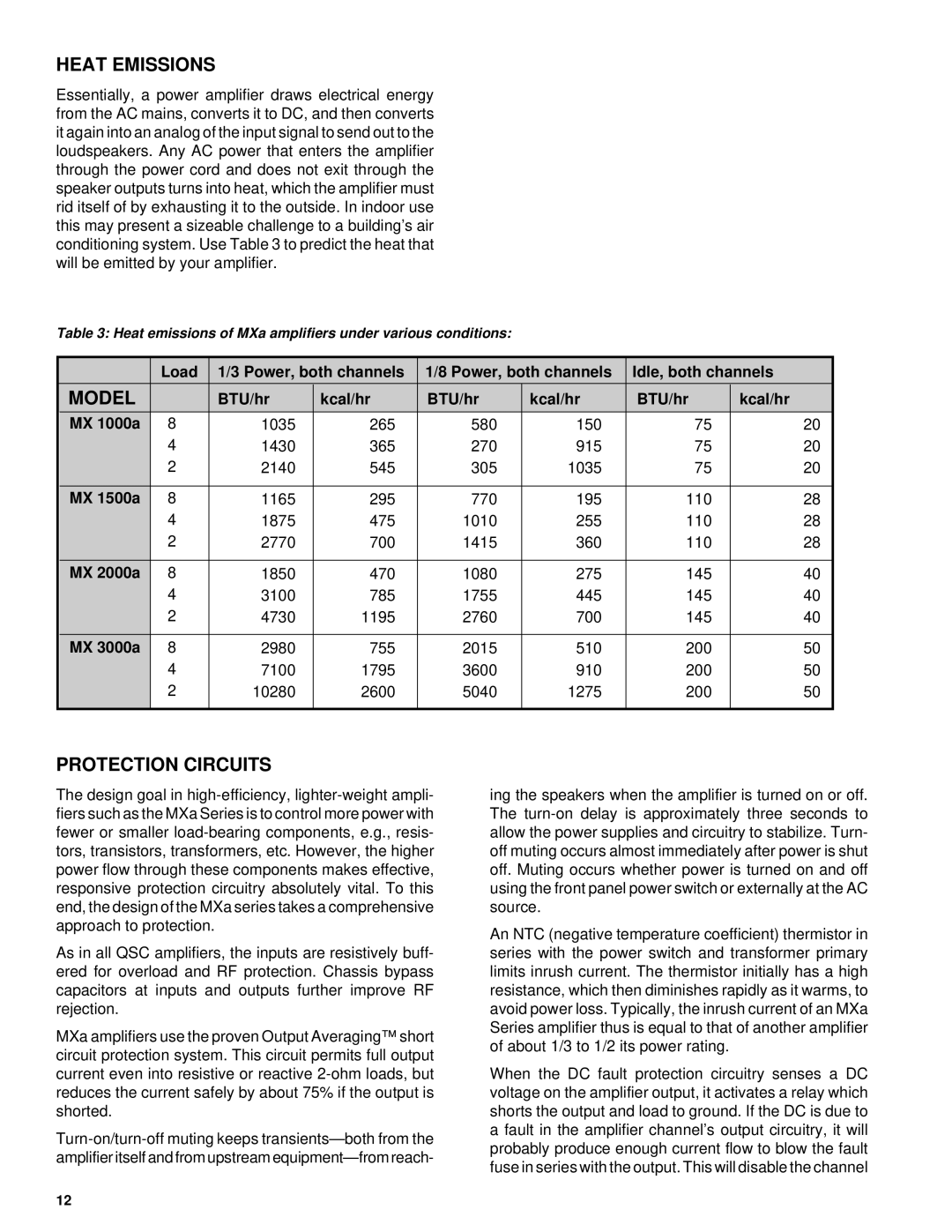 QSC Audio MX2000a, MX 1500a, MX 1000a Heat Emissions, Protection Circuits, Load Power, both channels Idle, both channels 
