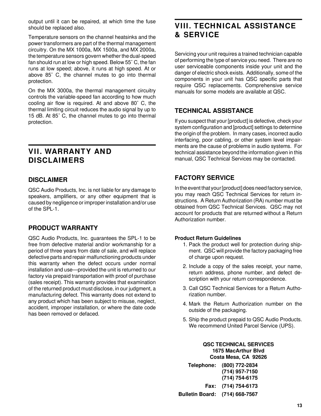 QSC Audio MX 1500a, MX2000a, MX 1000a, MX3000a owner manual VII. Warranty Disclaimers, VIII. Technical Assistance & Service 