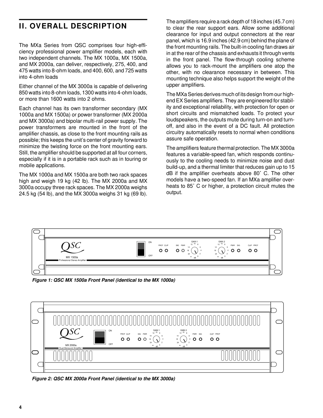 QSC Audio MX2000a, MX3000a owner manual II. Overall Description, QSC MX 1500a Front Panel identical to the MX 1000a 