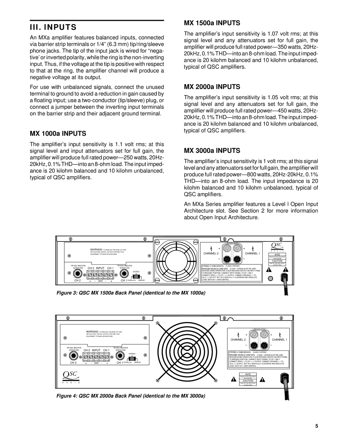 QSC Audio MX 1500a, MX2000a, MX3000a owner manual III. Inputs, MX 1000a Inputs 