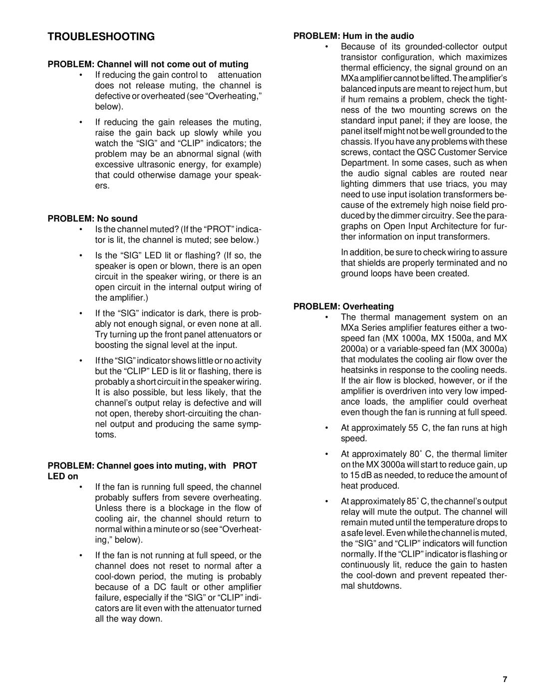 QSC Audio MX3000a, MX2000a, MX 1500a, MX 1000a owner manual Troubleshooting 