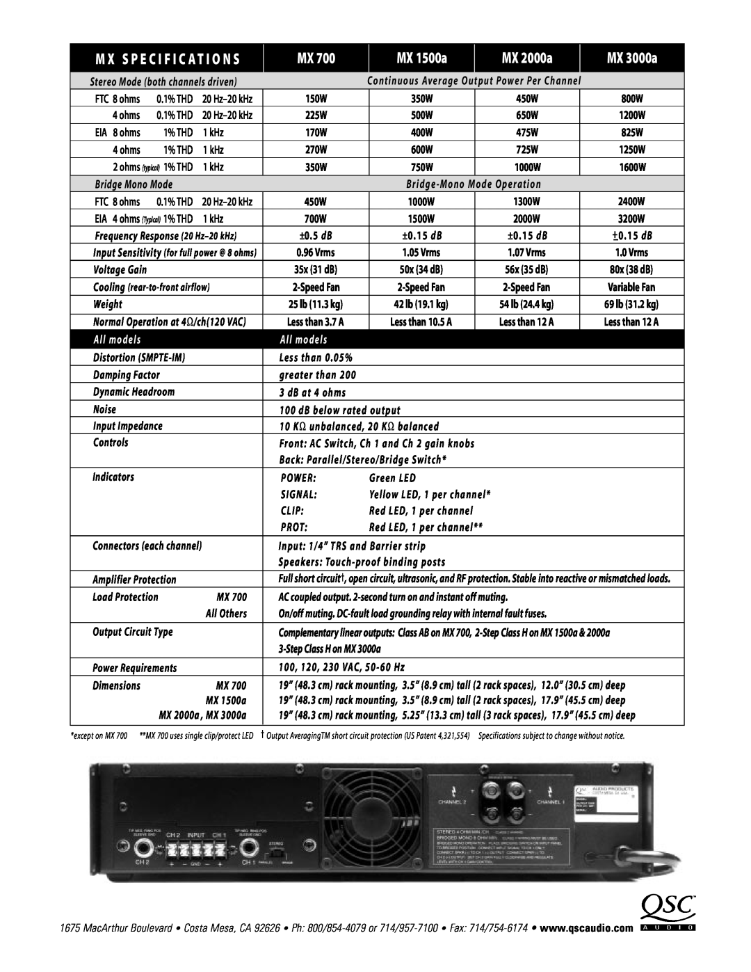 QSC Audio MX700 warranty MX 1500a, MX 2000a, MX 3000a, All models 