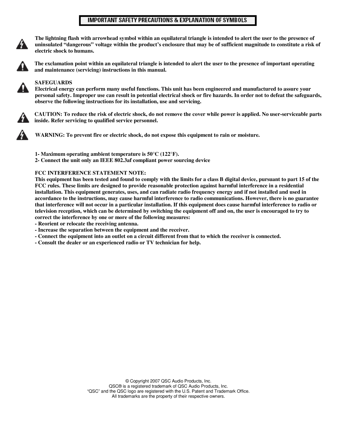 QSC Audio NAC-100-WH, NAC-100-BK user manual Safeguards 