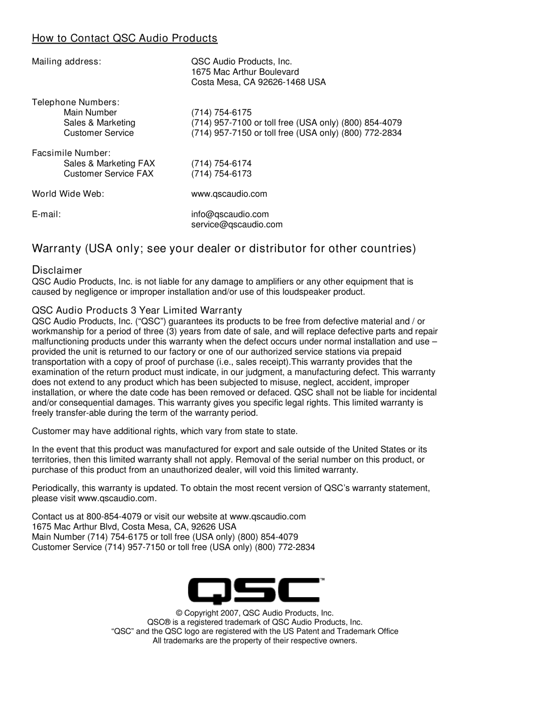 QSC Audio NAC-100-WH, NAC-100-BK user manual How to Contact QSC Audio Products, Disclaimer 