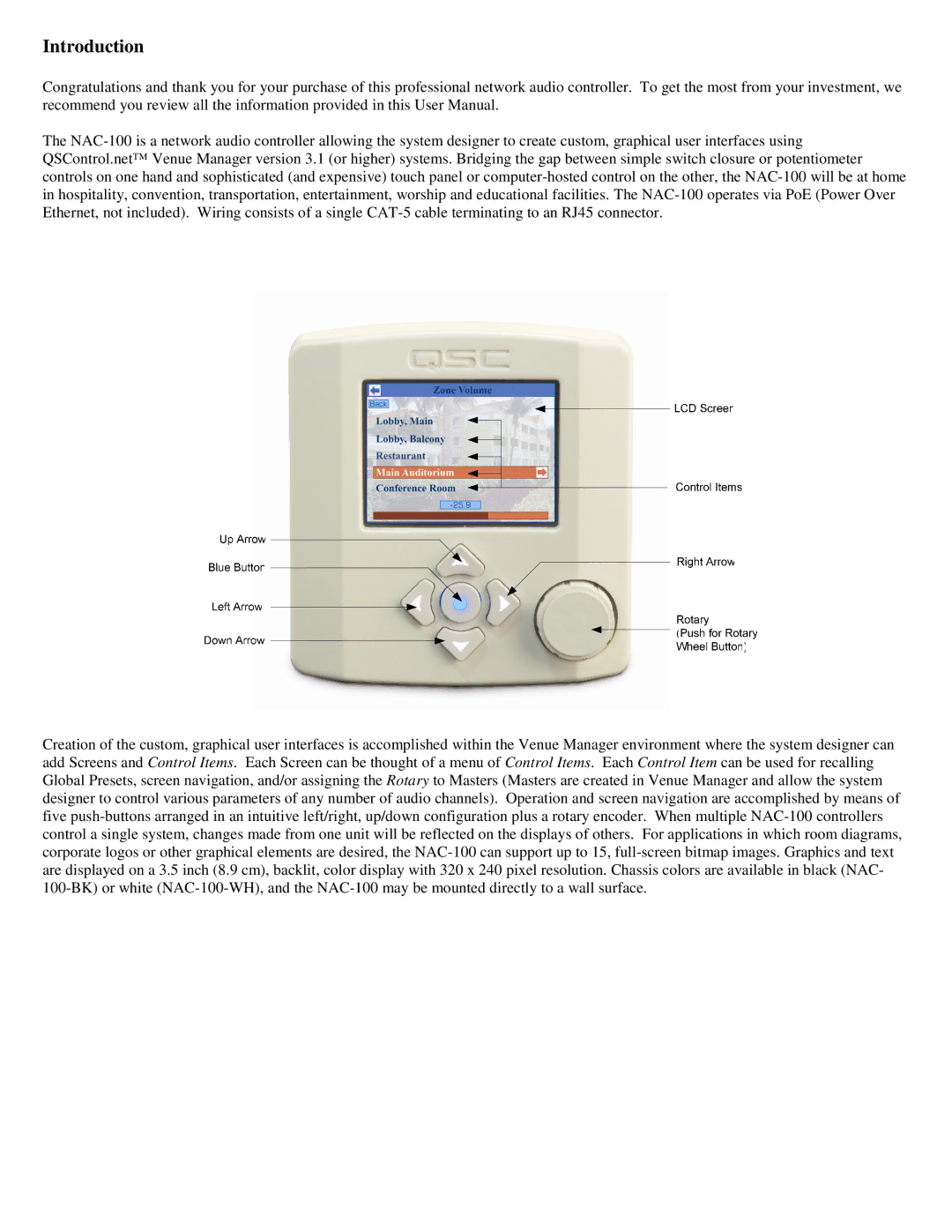 QSC Audio NAC-100-BK, NAC-100-WH user manual Introduction 