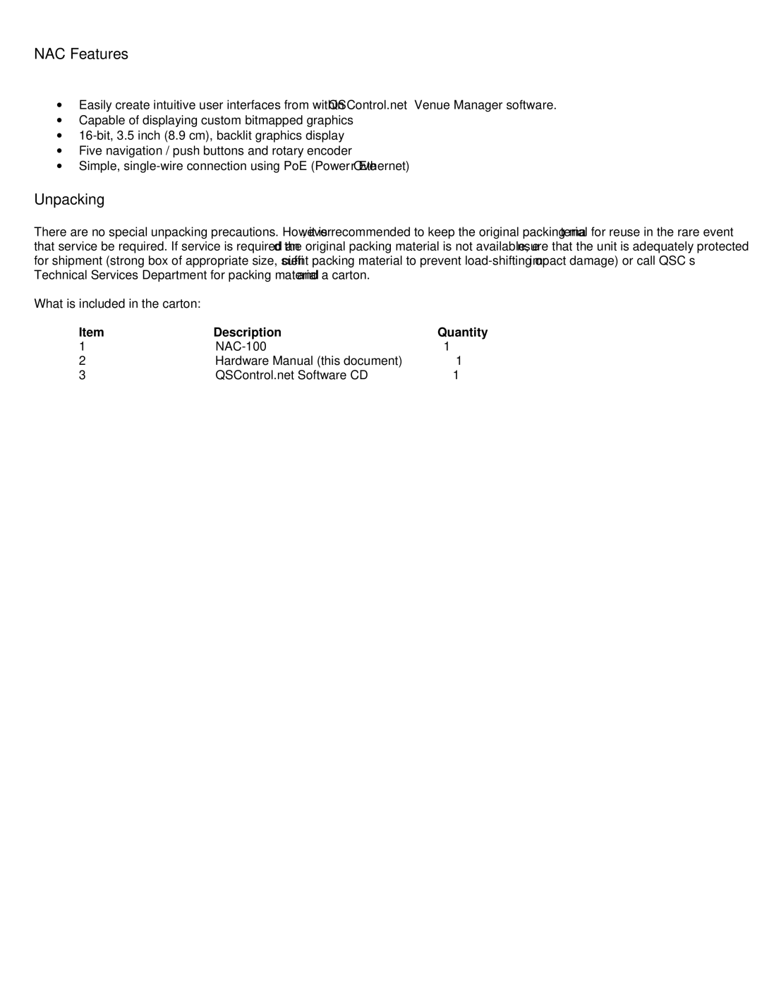 QSC Audio NAC-100-BK, NAC-100-WH user manual NAC Features, Unpacking 