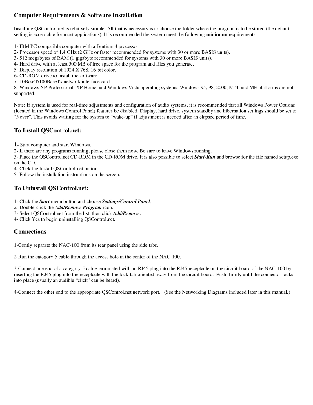 QSC Audio NAC-100 Computer Requirements & Software Installation, To Install QSControl.net, To Uninstall QSControl.net 