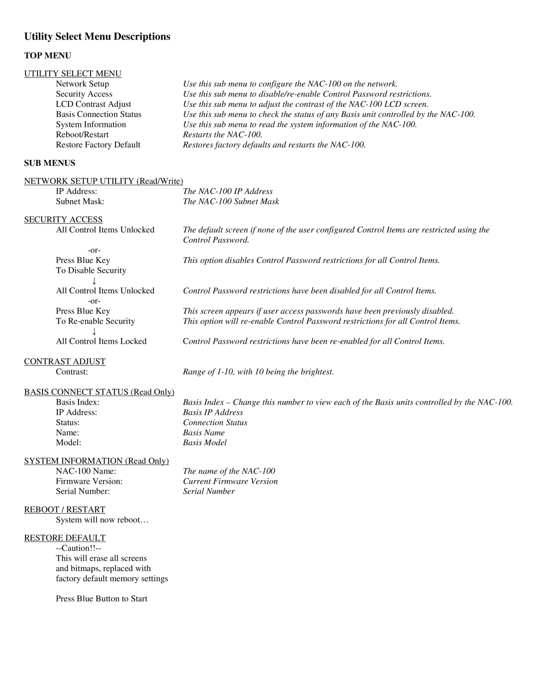 QSC Audio NAC-100-WH, NAC-100-BK user manual Utility Select Menu Descriptions, TOP Menu 