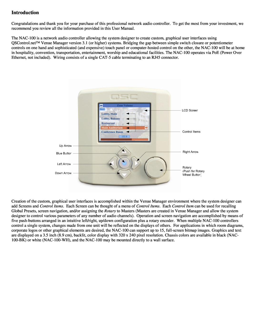 QSC Audio NAC-100-BK, NAC-100-WH user manual Introduction 