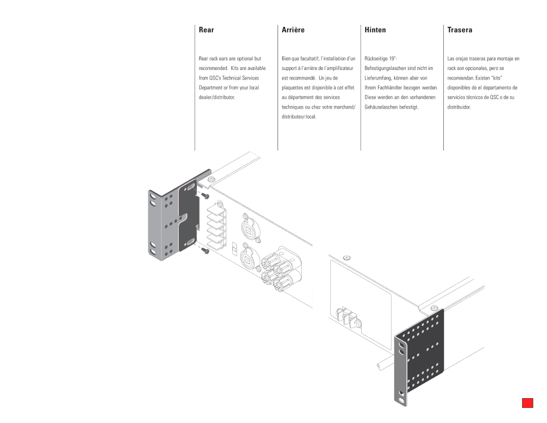 QSC Audio PL-1.5X, PL-2.4MB, PL-1.8, PL-1.4, PL-1.6HVX, PL-2.0HV, PL-1.0HV user manual Rear, Arrière, Hinten, Trasera 