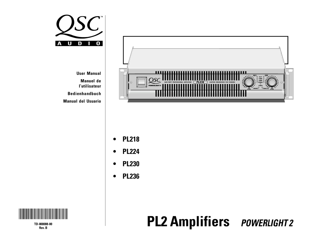 QSC Audio PL236, PL224, PL218 user manual Bedienhandbuch Manual del Usuario, Manuel de l’utilisateur, TD-000088-00 Rev. B 