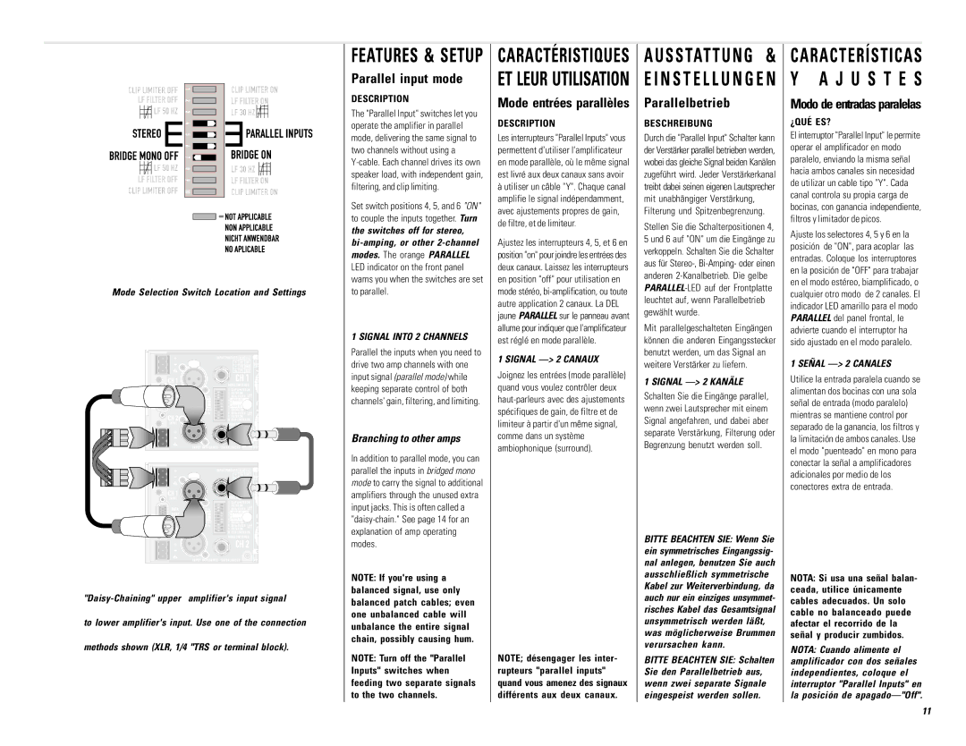 QSC Audio PL230, PL224, PL236 Parallel input mode, Parallelbetrieb, Mode entrées parallèles, Modo de entradas paralelas 