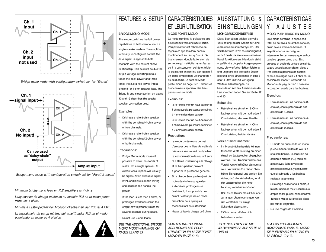 QSC Audio PL230, PL224, PL236, PL218 user manual Bridge Mono Mode, Mode Ponté Mono, Monobrückenbetrieb, Modo Puenteado EN Mono 