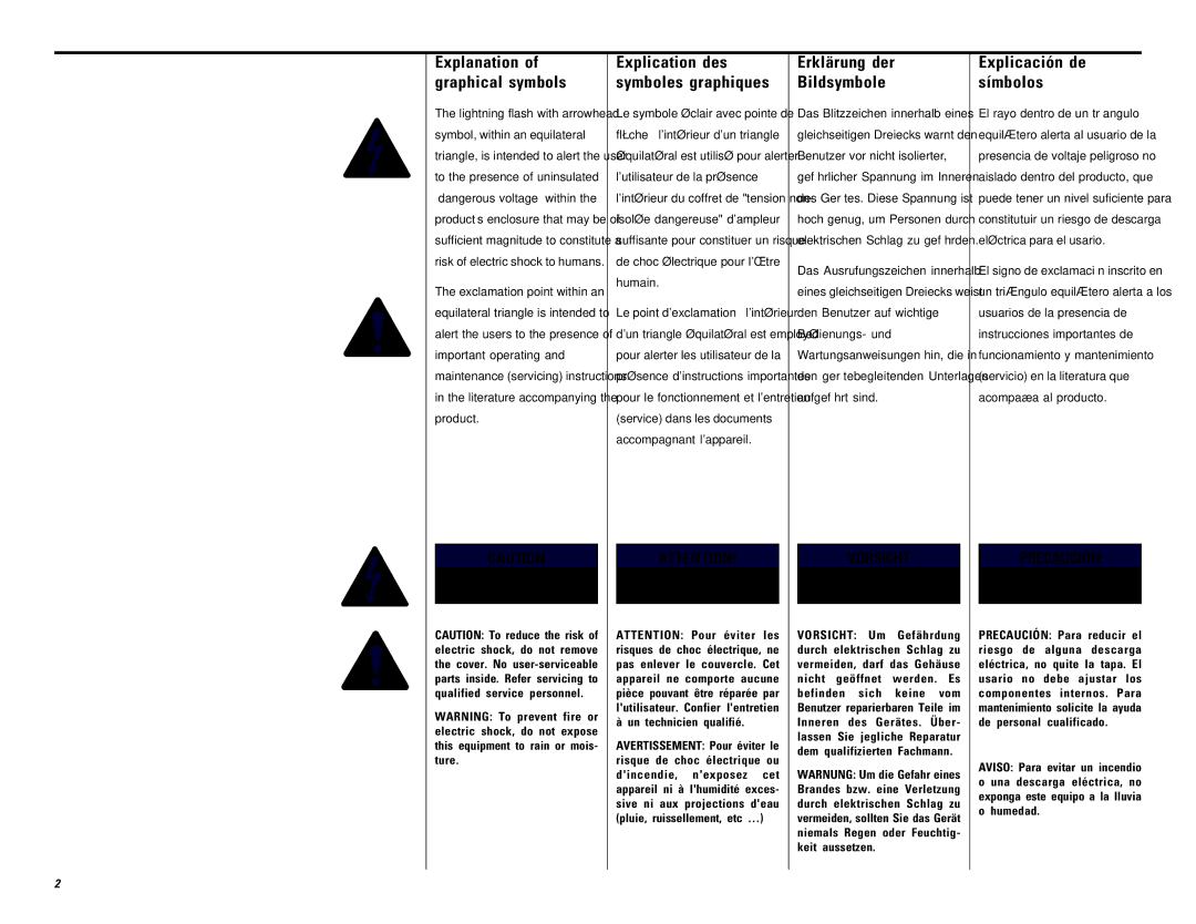 QSC Audio PL218, PL224, PL236, PL230 Erklärung der Bildsymbole, Explicación de símbolos, Explanation of graphical symbols 