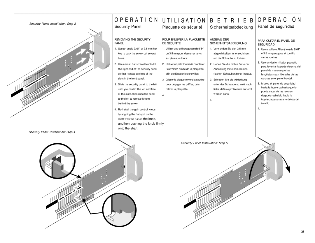 QSC Audio PL236 Removing the Security Panel, Pour Enlever LA Plaquette DE Sécurité, Para Quitar EL Panel DE Seguridad 