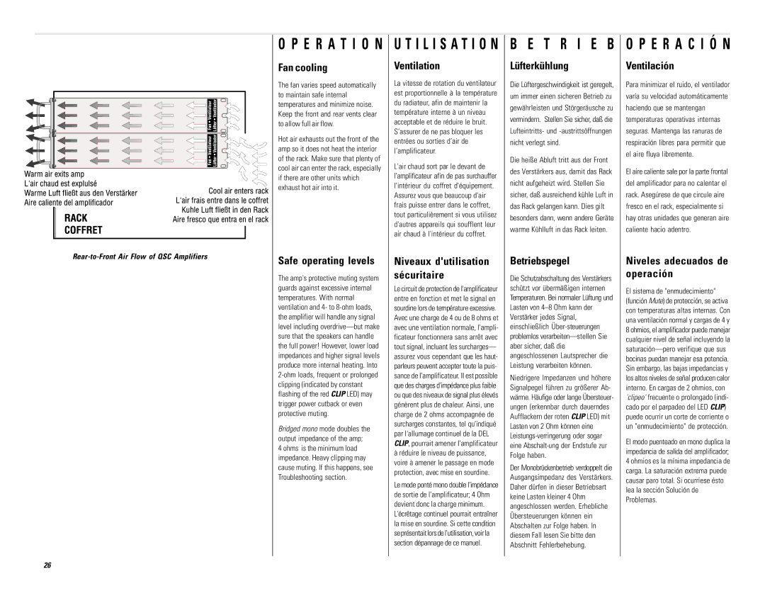 QSC Audio PL218, PL224, PL236 Fan cooling, Safe operating levels, Ventilation, Lüfterkühlung, Betriebspegel, Ventilación 