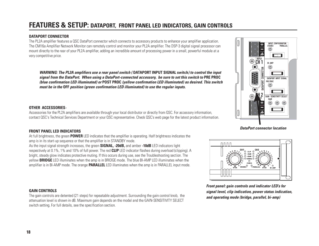 QSC Audio PL236A, PL230A, PL218A, PL224A Dataport Connector, Other Accessories, Front Panel LED Indicators, Gain Controls 